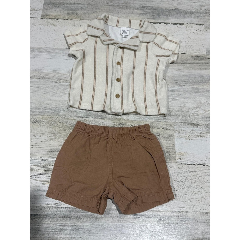 Grayson Mini Shirt Carter's Shorts Boys 6M Brown‎ Cream Striped Set EUC